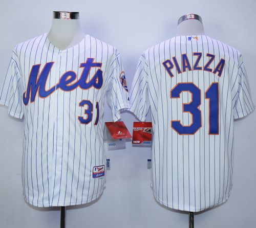 Mets #31 Mike Piazza White(Blue Strip) Home Cool Base Stitched MLB Jersey - Click Image to Close